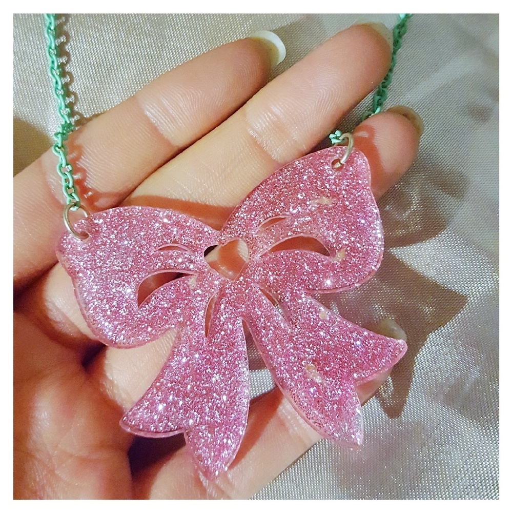 Glitter pink and mint green bow jewelry set!🎀
